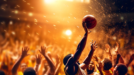 A group of energetic basketball players competing fiercely under bright stadium lights. Competition win celebrating.の素材