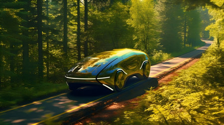An innovative electric vehicle zooming through a lush, green forest trail, leaving a trail of swirling leaves in its wake.の素材