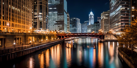 Breathtaking Chicago skyline at night, adorned with shimmering lights, a bustling city full of life. Generative aiの素材