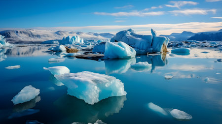 A melting glacier in a remote Arctic region, with massive chunks of ice breaking off into the turquoise sea. The glacier's surface is cracked and crevassedの素材