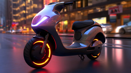 A modern electric scooter zooming along a futuristic city street, surrounded by sleek buildings adorned with vertical gardens.の素材