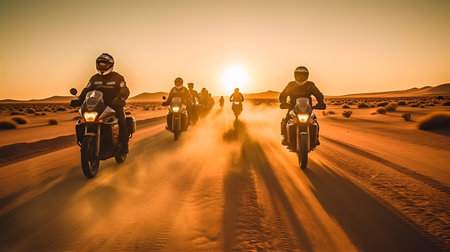 A swarm of motorcycles speeding through a desert landscape, kicking up clouds of dust, creating a thrilling and adventurous atmosphereの素材