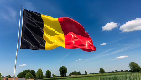 The Belgium Flag waving proudly against a clear blue sky, surrounded by vibrant green fields and a gentle breezeの素材