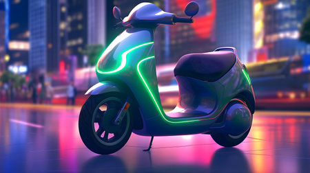 A modern electric scooter zooming along a futuristic city street, surrounded by sleek buildings adorned with vertical gardens.の素材