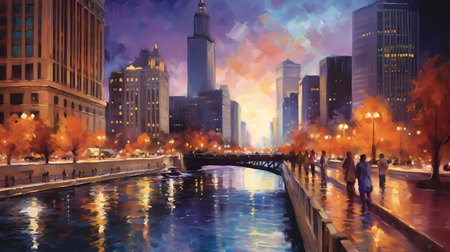 The breathtaking Chicago skyline at night, adorned with shimmering lights. Generative ai.の素材