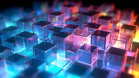 Futuristic cyberspace background, 3d style of data processing. Futuristic technology. Colorful cubes.の素材