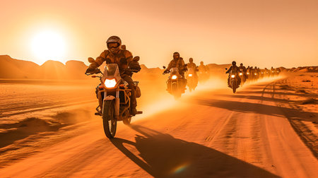 A swarm of motorcycles speeding through a desert landscape, kicking up clouds of dust, creating a thrilling and adventurous atmosphereの素材
