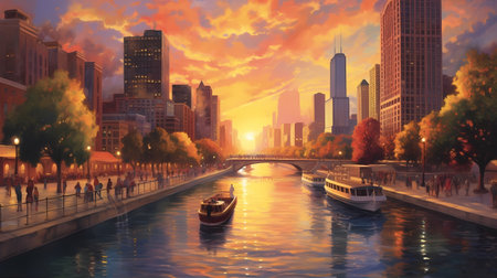The iconic Chicago skyline at sunset, with towering skyscrapers reflecting the warm hues of the sun. Generative aiの素材
