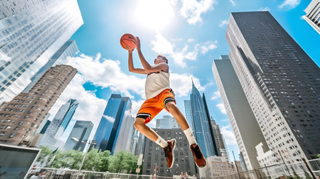 A basketball game in progress on an outdoor court, with players jumping high in the air to make slam dunks. The court is surrounded by tall buildings.の素材