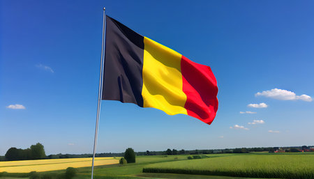 The Belgium Flag waving proudly against a clear blue sky, surrounded by vibrant green fields and a gentle breezeの素材