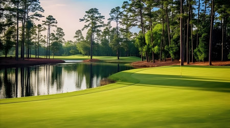 A serene golf course surrounded by lush greenery and tall trees. The fairways are meticulously maintained, with neatly trimmed grass.の素材