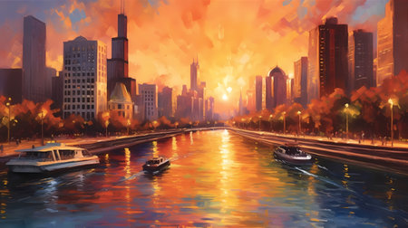 The iconic Chicago skyline at sunset, with towering skyscrapers reflecting the warm hues of the sun. Generative aiの素材