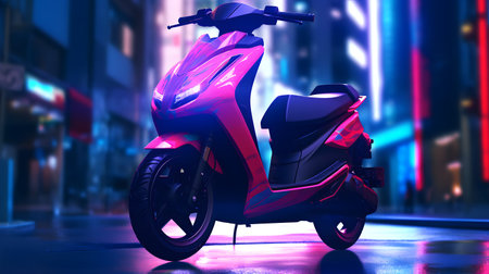 A modern electric scooter zooming along a futuristic city street, surrounded by sleek buildings adorned with vertical gardens.の素材