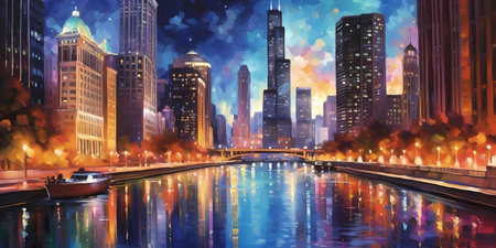 The breathtaking Chicago skyline at night, adorned with shimmering lights. Generative ai.の素材