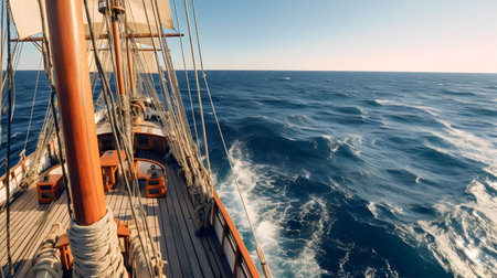 A wooden sailing ship gracefully cutting through the deep blue waves of the open ocean, with a clear skyの素材