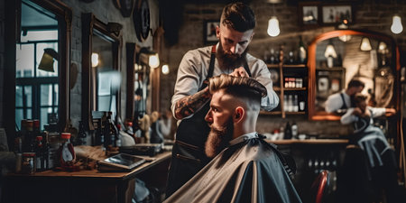 A barber carefully trimming a customer's hair, as the customer's face lights up with satisfaction, in a modern and sleek barbershopの素材