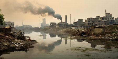 A city engulfed in a smoggy haze, with toxic fumes rising from industrial chimneys, a river contaminated with chemical waste, and barren land dotted with garbage dumpsの素材