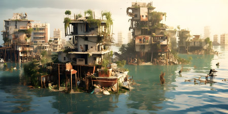 A coastal city engulfed by rising sea levels, with submerged buildingsの素材