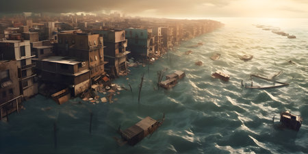 A coastal city engulfed by rising sea levels, with submerged buildingsの素材