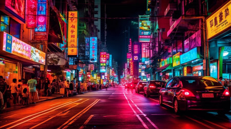 Viibrant city nightlife with neon lights illuminating the streets, a bustling crowd. Generative ai.の素材