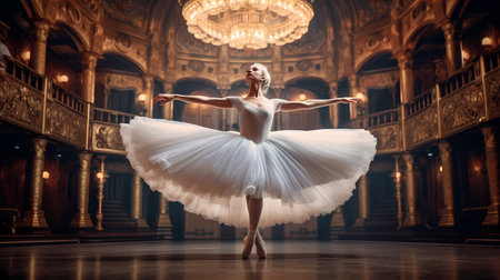 Young ballerina gracefully leaping in mid-air, her ballet slippers pointed and her arms extended, generative aiの素材