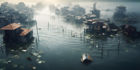A coastal city engulfed by rising sea levels, with submerged buildingsの素材