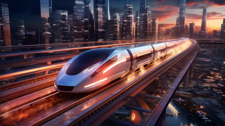 A high-speed bullet train racing through a modern cityscape, surrounded by towering skyscrapersの素材