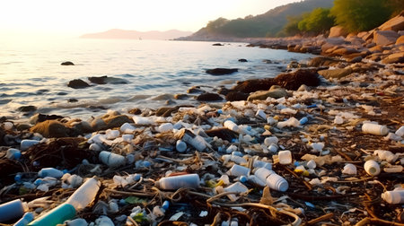 A polluted coastline with trash strewn across the sand and plastic bottles floating in the polluted waterの素材