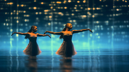 A group of synchronized swimmers in ballet style performing an elegant routine in a sparkling pool, illuminated by the soft glow of underwater lightsの素材