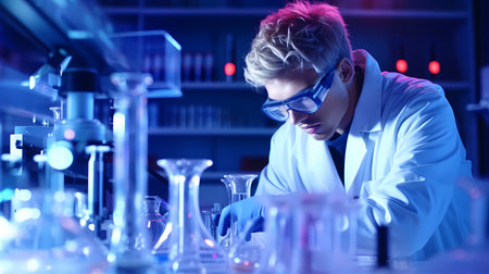 Determined scientist conducting experiments in a futuristic laboratory, surrounded by cutting-edge technology. Generative ai.の素材