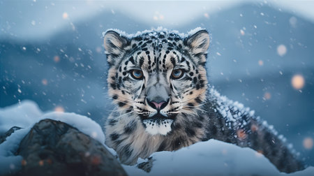 High in the misty mountains, a rare snow leopard, with its sleek silver-gray fur and piercing blue eyes, gazes stoically into the distance.の素材