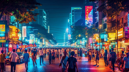 Viibrant city nightlife with neon lights illuminating the streets, a bustling crowd. Generative ai.の素材