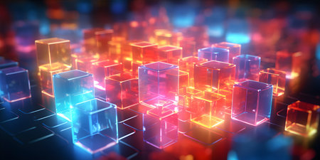 Futuristic cyberspace background, 3d style of data processing. Futuristic technology. Colorful cubes.の素材
