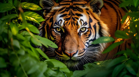 A majestic Bengal Tiger emerges from the lush green foliage of an ancient rainforest, its striking orange fur contrasting against the vibrant shades of the surrounding leavesの素材