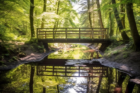 Crossing a Rustic Bridge, A narrow wooden bridge stretches across a crystal-clear river, nestled within a vibrant forest.の素材