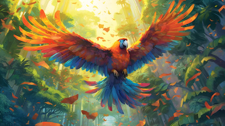 High up in the ancient rainforest canopy, a vibrant kaleidoscope of endangered tropical birds takes flight, their colorful feathers shimmering under the dappled sunlight.の素材