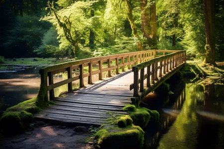 Crossing a Rustic Bridge, A narrow wooden bridge stretches across a crystal-clear river, nestled within a vibrant forest.の素材