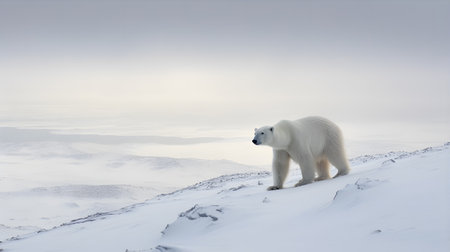 In the vast expanse of the Arctic tundra, a solitary Polar Bear traverses the icy terrain, its pure white fur blending seamlessly with the snow-covered landscape.の素材