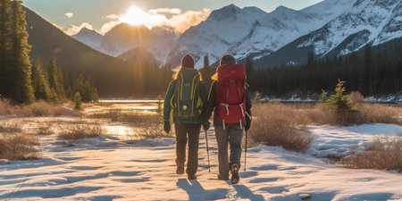 A couple backpacking through a snow-covered mountain range, surrounded by towering peaks, a mix of excitement and serenityの素材