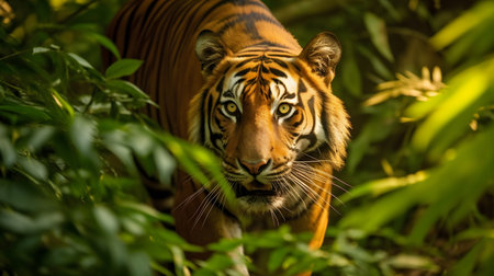 A majestic Bengal Tiger emerges from the lush green foliage of an ancient rainforest, its striking orange fur contrasting against the vibrant shades of the surrounding leavesの素材