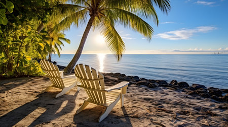 lounge chairs on the beach. sunbath by a tropical sun under the palm trees and umbrellasの素材