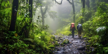 Trekking through a Dense Rainforest, with towering trees and a chorus of exotic wildlifeの素材