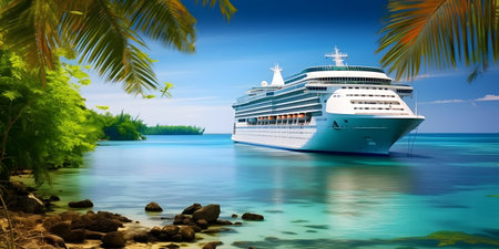 A luxurious cruise ship sailing across a crystal-clear turquoise sea, with a backdrop of palm-fringed tropical islandの素材