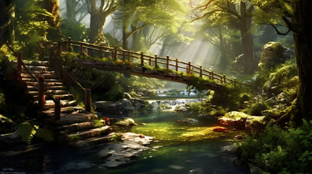 Crossing a Rustic Bridge, A narrow wooden bridge stretches across a crystal-clear river, nestled within a vibrant forest.の素材
