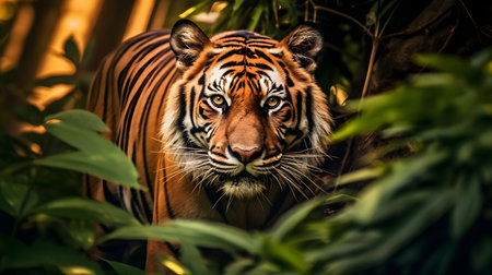 A majestic Bengal Tiger emerges from the lush green foliage of an ancient rainforest, its striking orange fur contrasting against the vibrant shades of the surrounding leavesの素材