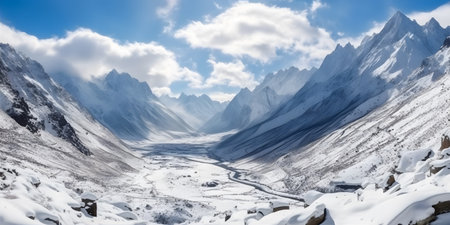 Trekking through a Snowy Mountain Range, enveloped in mist, under a clear blue skyの素材