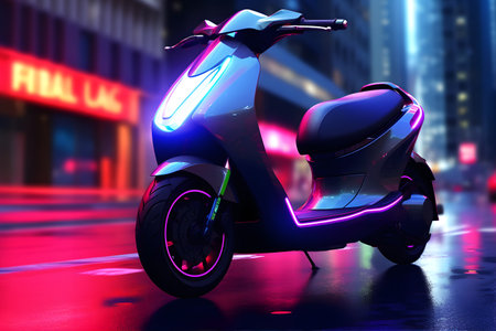 A modern electric scooter zooming along a futuristic city street, surrounded by sleek buildings adorned with vertical gardens.の素材