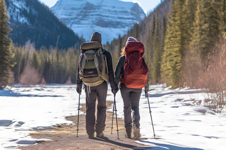 A couple backpacking through a snow-covered mountain range, surrounded by towering peaks, a mix of excitement and serenityの素材