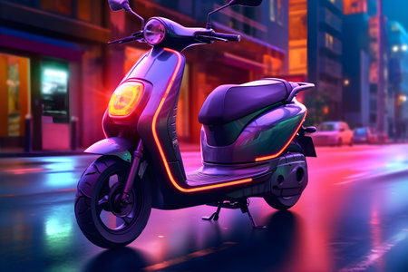 A modern electric scooter zooming along a futuristic city street, surrounded by sleek buildings adorned with vertical gardens.の素材