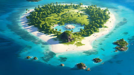 Discovering a hidden island paradise with crystal-clear waters, lush greenery, and secluded white sandy beachesの素材